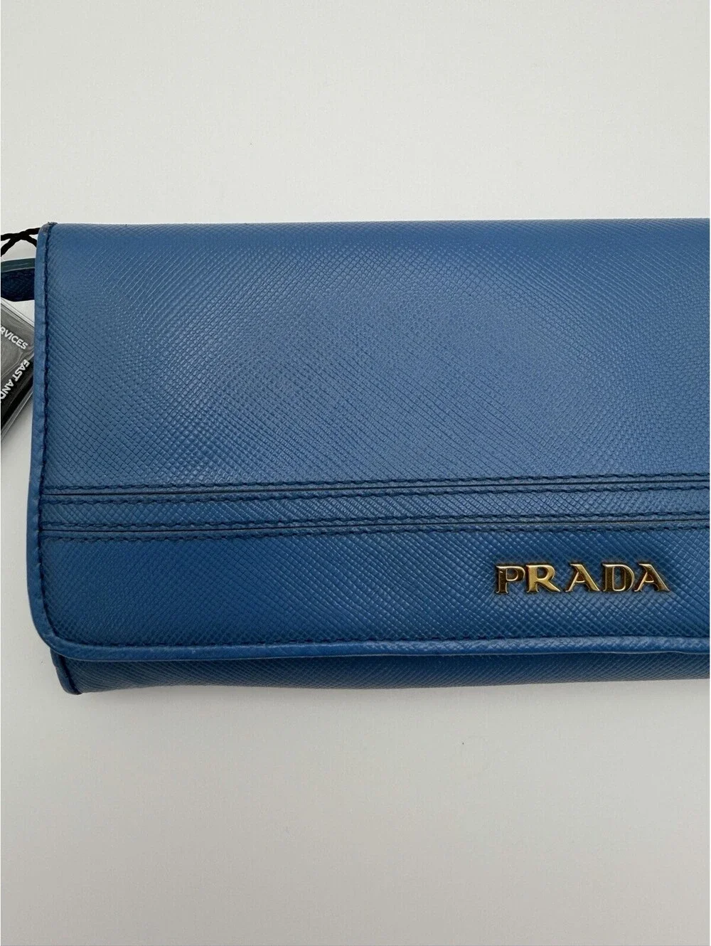 Authentic PRADA Blue Saffiano Leather Women Long Wallet Bow COA